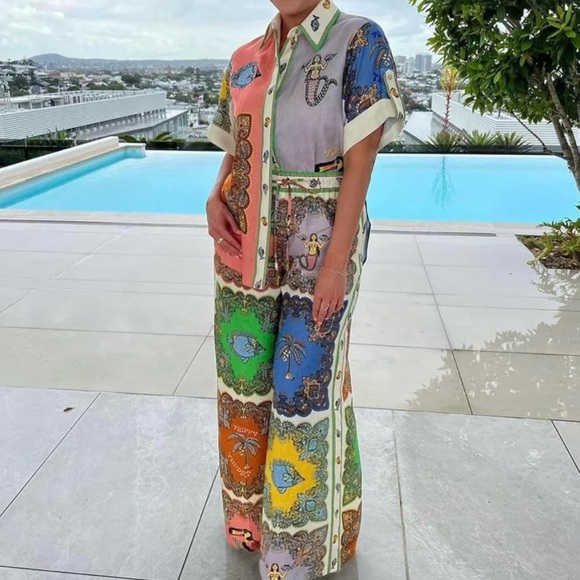 NEW Two Piece Linen Matching Pant Shirt Set Wide Leg, High Waist, Boho Style, XL - Picture 4 of 10